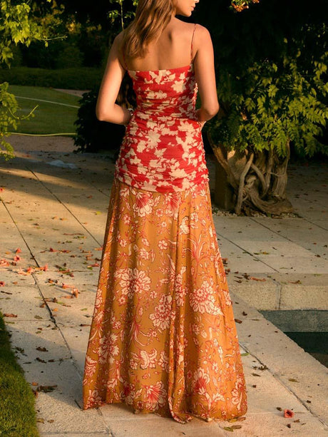 Aurohaya Unique Two-tone Floral Print Pleated Flowy Maxi Dress