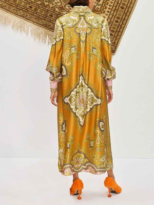 Aurohaya Exquisite Satin Unique Paisley Print Button Maxi Dress