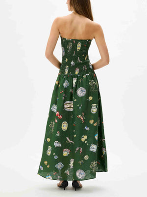Aurohaya Chic Strapless Smocked Printed Holiday Maxi Dress