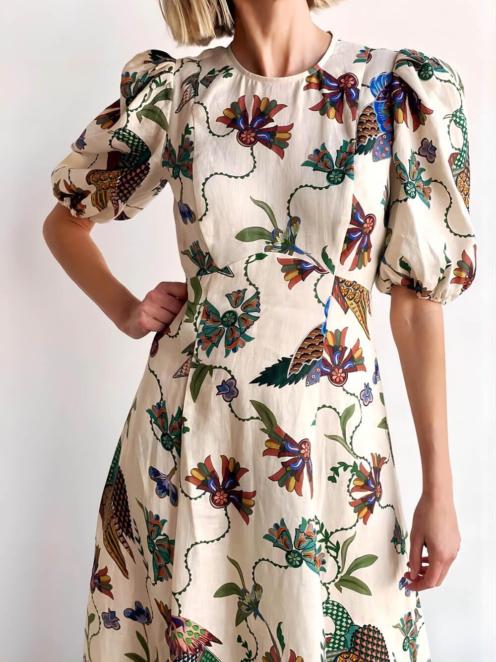 Aurohaya Effortless Artistic Bird Print Bodycon Dress