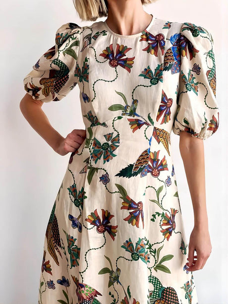Aurohaya Effortless Artistic Bird Print Bodycon Dress