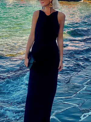 Aurohaya Elegant Backless Maxi Dress Black