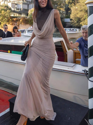 Aurohaya Elegant Sheer Drape-Neck Ruched Front Maxi Dress