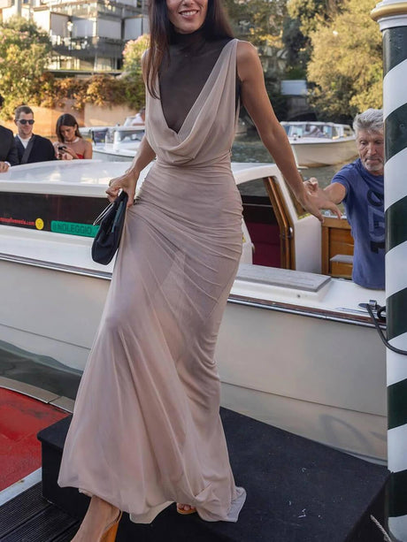 Aurohaya Elegant Sheer Drape-Neck Ruched Front Maxi Dress