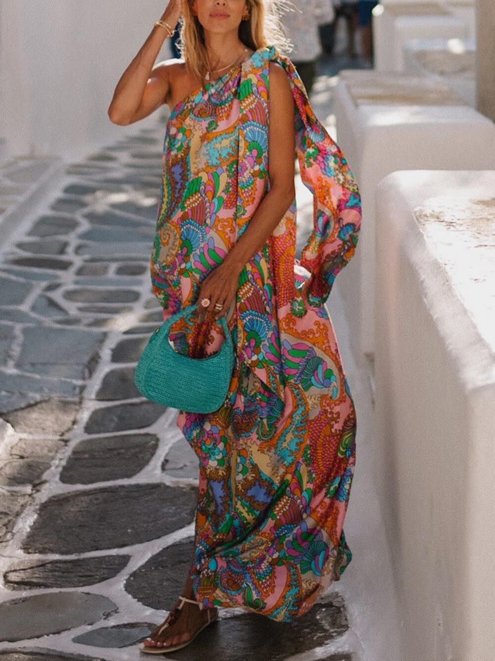 Aurohaya Elegant Breeze Satin Unique Print Bow One Shoulder Loose Maxi Dress