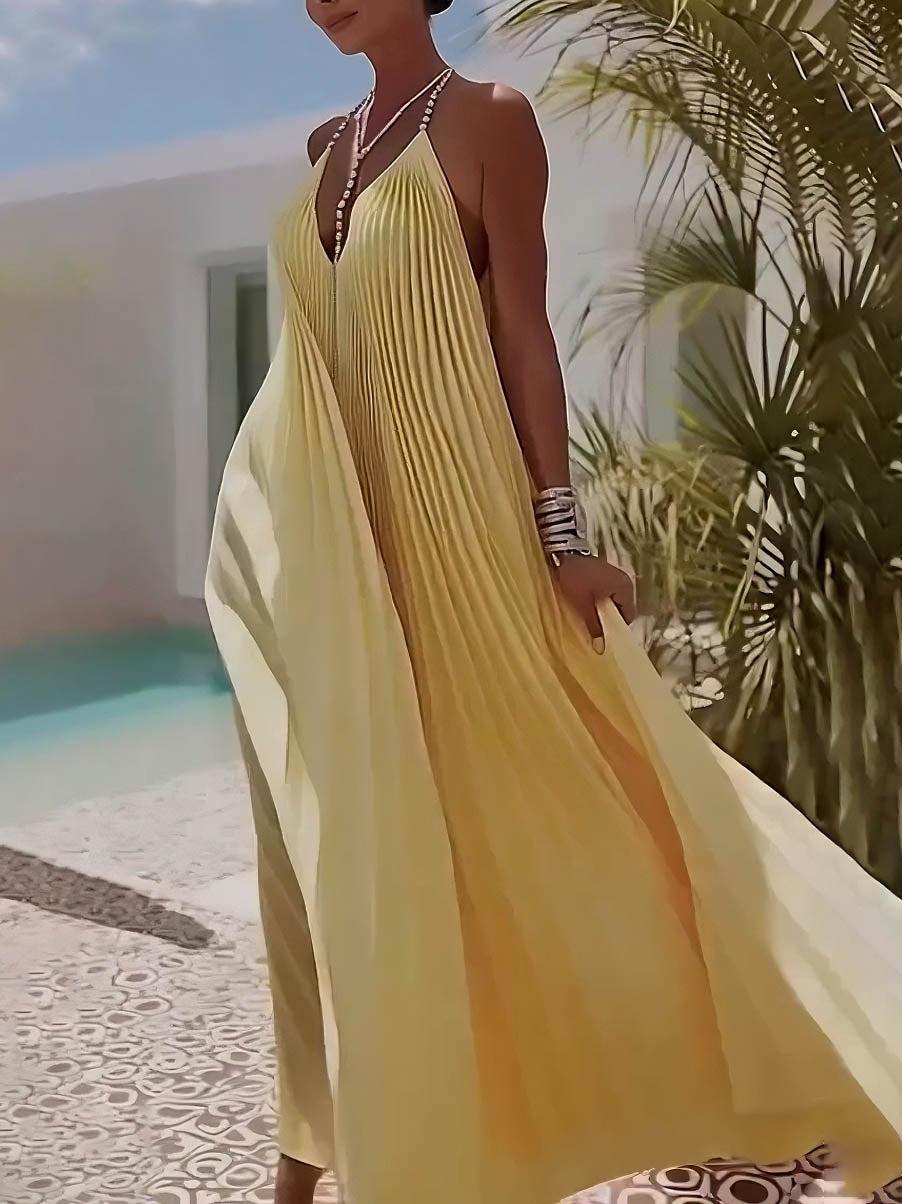 Aurohaya Elegant Pleated V-Neck Backless Chiffon Maxi Dress