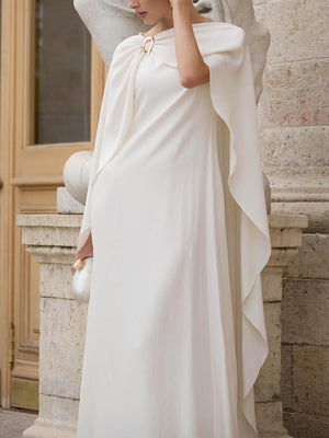 Aurohaya Elegant Pleated Flowing Cape Maxi Dress