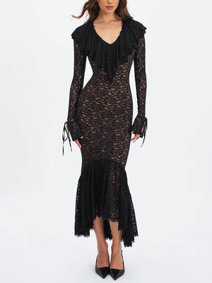 Aurohaya Exquisite Black Lace Ruffle Mermaid Maxi Dress