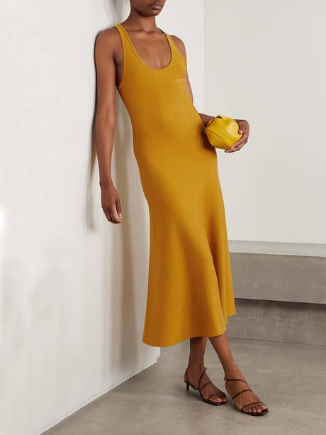 Aurohaya Classic Backless Cross-Front Fitted A-Line Midi Dress Yellow