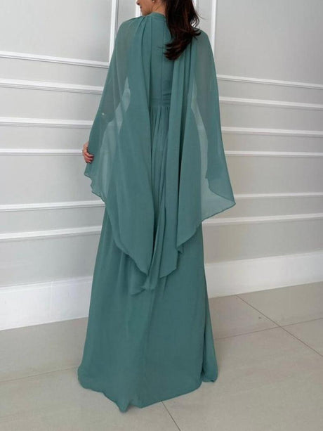 Aurohaya Elegant High-neck Cape Chiffon Flowing Long Dress