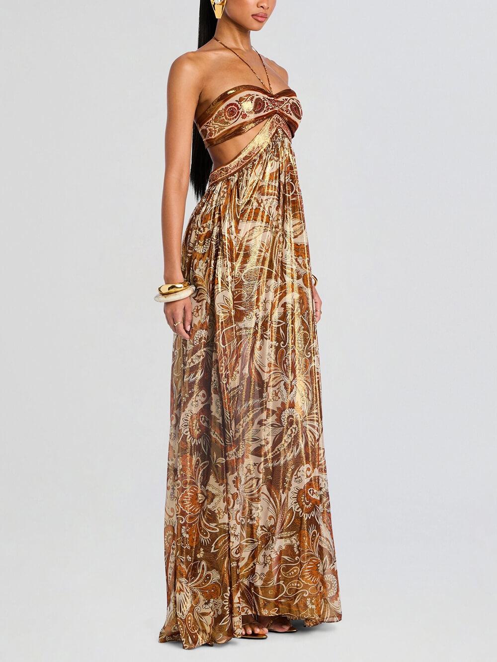Aurohaya Elegant Hollow Print Halter Neck Backless Maxi Dress