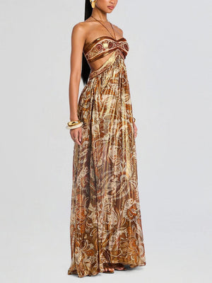 Aurohaya Elegant Hollow Print Halter Neck Backless Maxi Dress