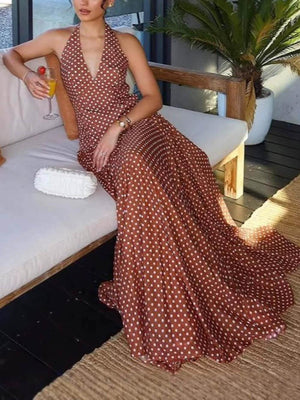 Aurohaya Chic Polka Dot Print V-Neck Halter Tie-Neck Maxi Dress