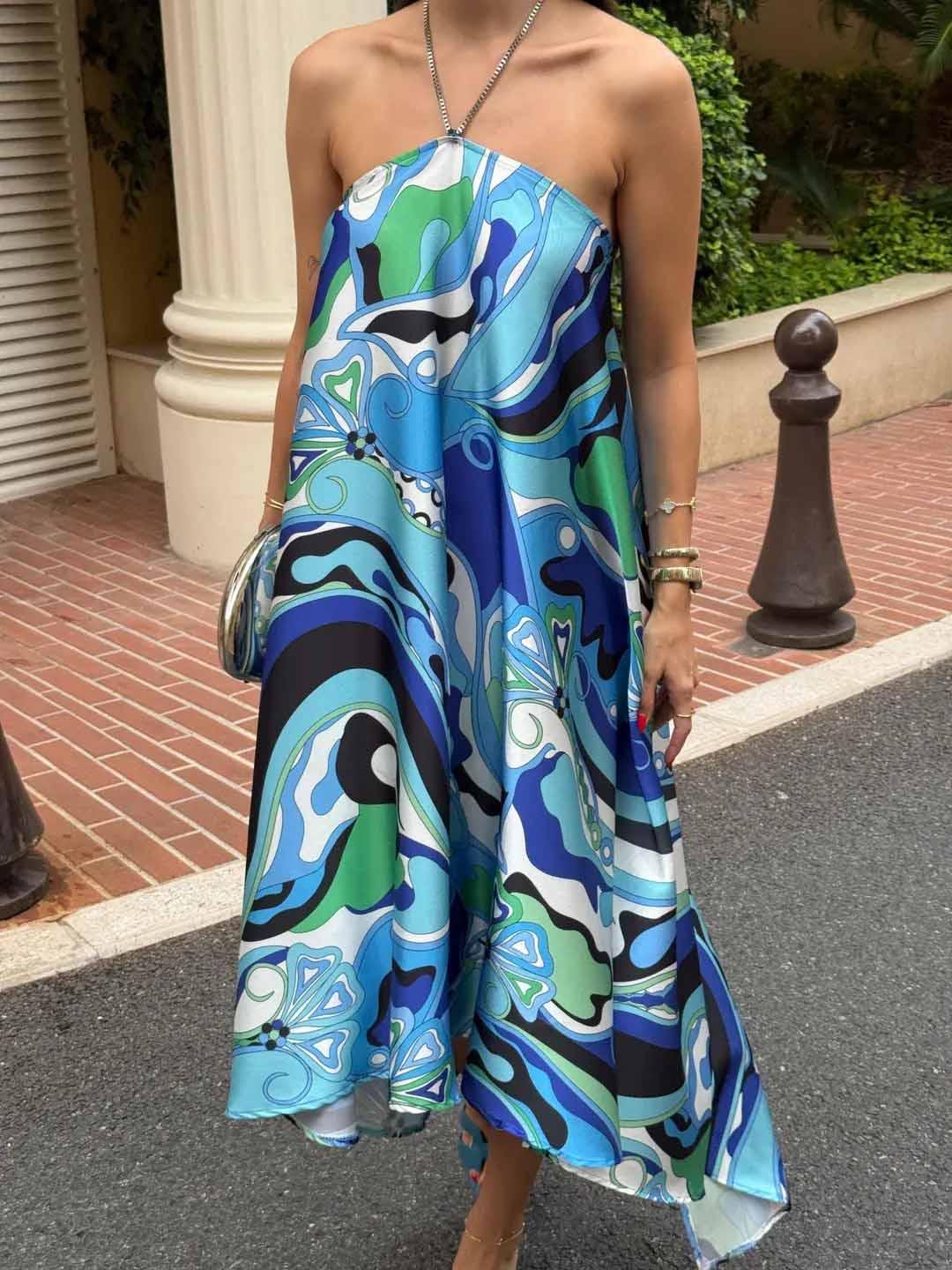 Aurohaya Elegant Halterneck Abstract Floral Print Midi Dress Blue