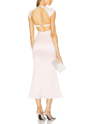 Aurohaya Elegant Satin Crystal Embellished Midi Dress