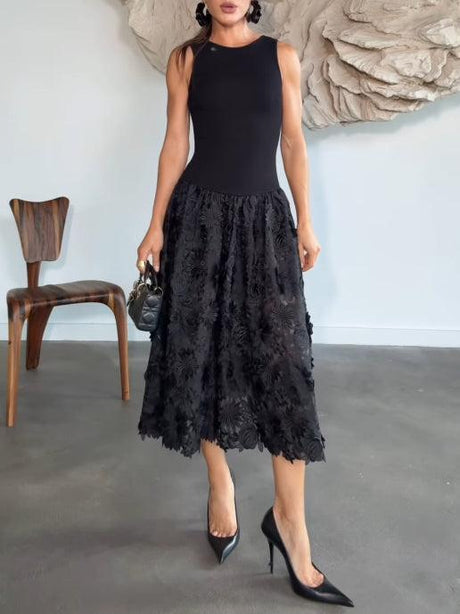 Aurohaya Exquisite Lace Embroidered Sleeveless Midi Dress Black