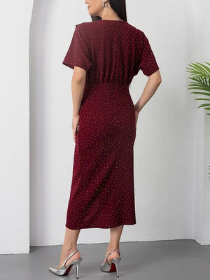 Aurohaya Elegant Round Neck Silver Polka Dot Print Slit Dress