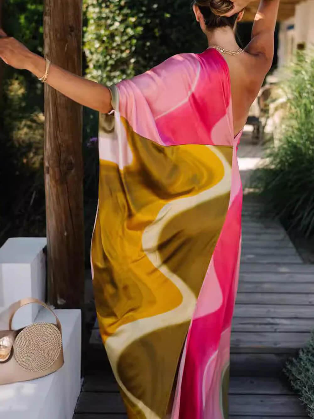 Aurohaya Elegant Satin Tie Dye Print One Shoulder Drape Vacation Maxi Dress