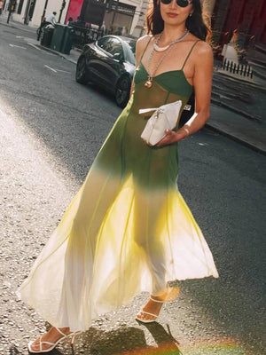 Aurohaya Exquisite See-through Tulle Ombre Print Slip Maxi Dress Green