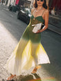 Aurohaya Exquisite See-through Tulle Ombre Print Slip Maxi Dress Green