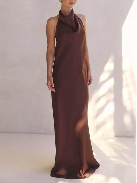 Aurohaya Elegant Halter Draped Neck Satin Backless Maxi Dress