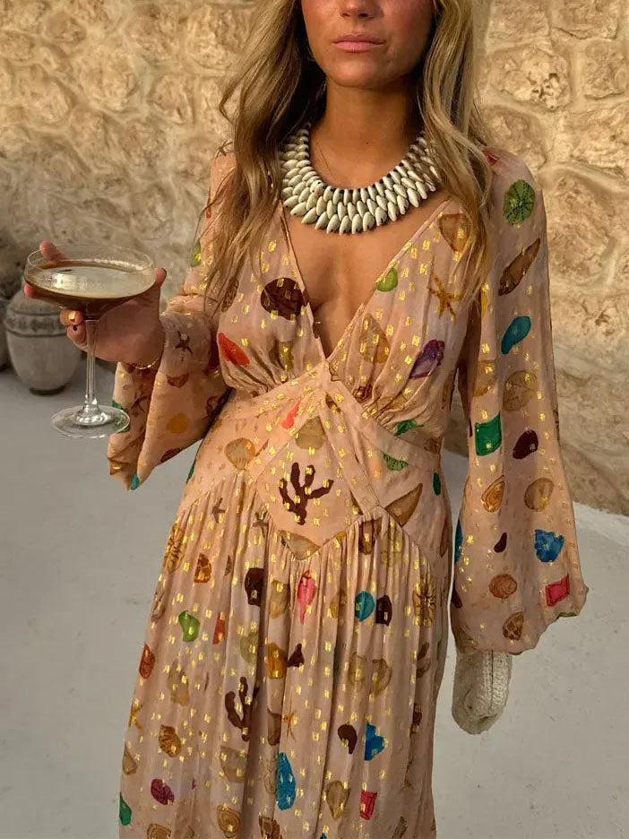 Aurohaya Exquisite Chiffon Shell Print Maxi Dress