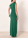 Elegant Asymmetric Neckline Satin Knit Pleated Maxi Dress
