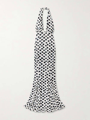 Aurohaya Elegant Cutout Polka Dot Print Stretch Halter Maxi Dress
