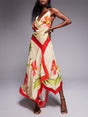 Aurohaya Elegant Unique Print Deep Pleated Asymmetric Backless Maxi Dress Multicolor