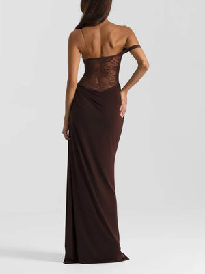 Aurohaya Sexy and Delicate Off-the-Shoulder Lace Panel Maxi Dress