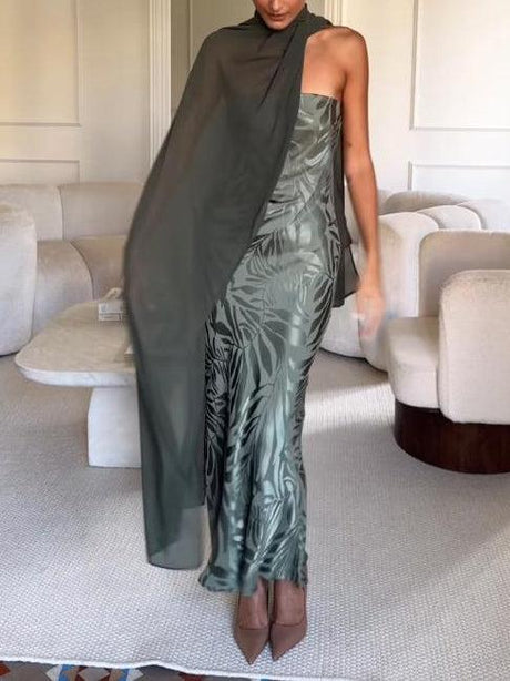 Aurohaya Elegant Satin Jacquard Strapless Maxi Dress