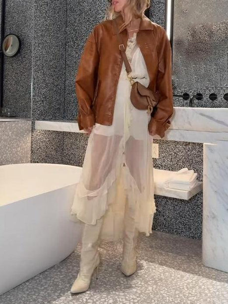 Aurohaya Elegant Ruffled Chiffon Flowy Maxi Dress