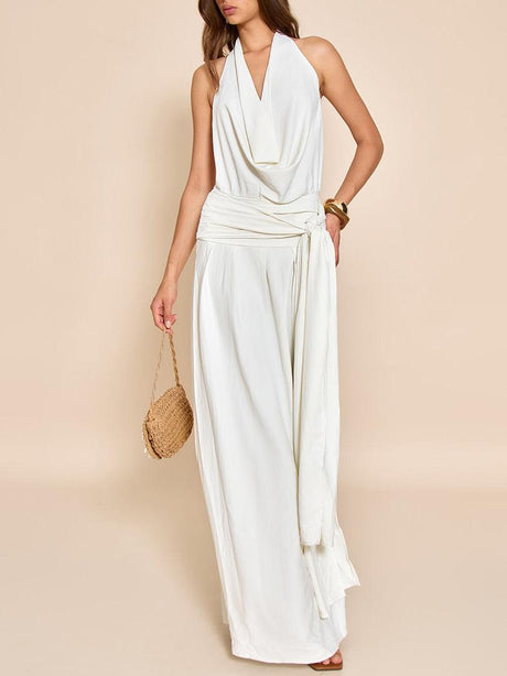 Aurohaya Elegant Scarf Neck Low Back Maxi Dress White