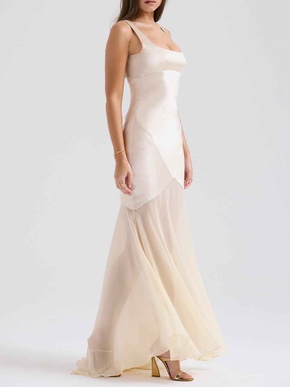 Aurohaya Elegant Square Neck Chiffon Floor-Length Maxi Dress