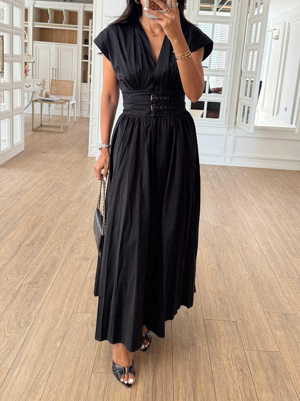 Aurohaya Exquisite V-neck Waist Pleated Shirt-style Maxi Dress