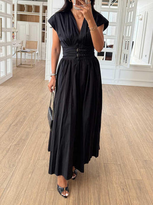 Aurohaya Exquisite V-neck Waist Pleated Shirt-style Maxi Dress