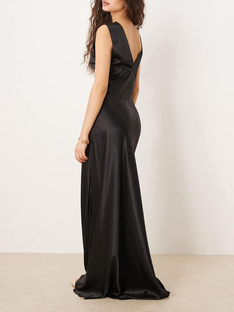 Aurohaya Elegant Black Tulle Lace-Trimmed Satin Maxi Dress