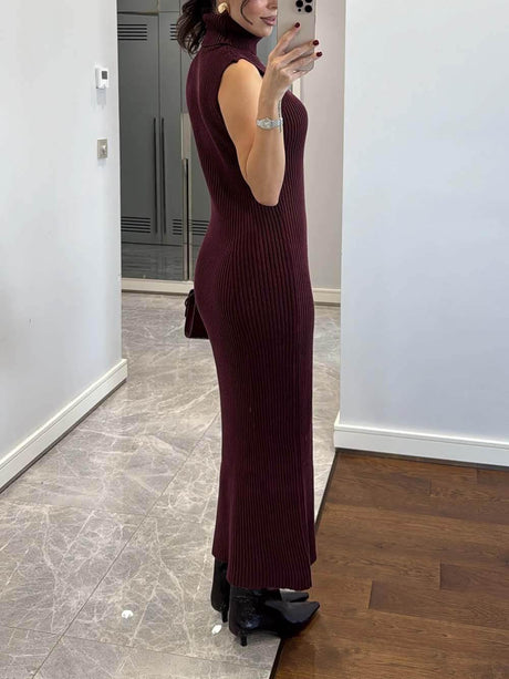 Aurohaya Elegant High-Neck Ribbed Knit Sleeveless Maxi Dress