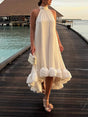 Aurohaya Elegant Ruffled Halter Neck Sleeveless Dress White