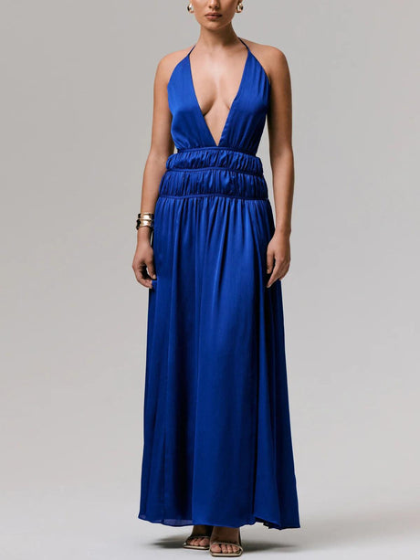 Aurohaya Exquisite Halterneck Lace-up Deep V-neck Satin Maxi Dress