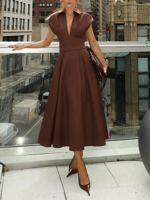 Aurohaya Elegant V-neck Waisted Flowing Midi Dress