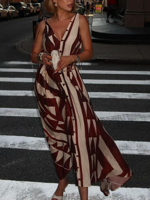 Aurohaya Unique Abstract Geometric Print Deep V-neck Fluffy Maxi Dress