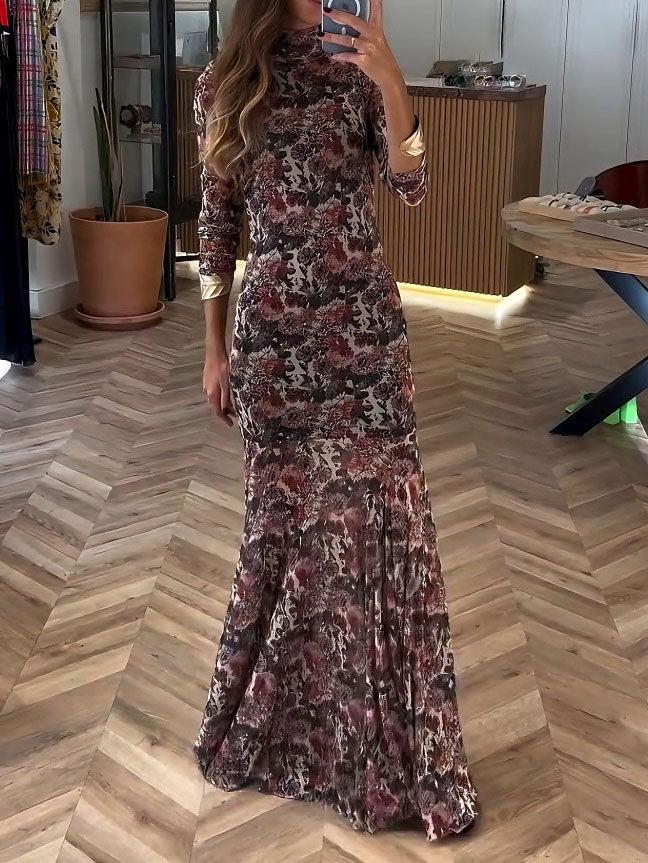 Aurohaya Elegant Floral Mesh Print Long-sleeved Maxi Dress