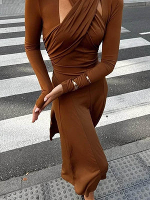Aurohaya Fashionable Cut-Out Fitted Solid Long-Sleeve Maxi Dress
