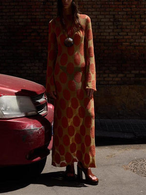 Aurohaya Elegant Polka Dot Print Slightly Sheer Open Back Maxi Dress