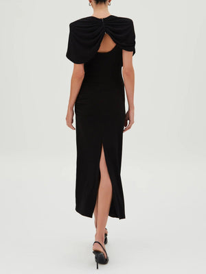 Aurohaya Elegant Cover-Up Pleated Back Slit Midi Dress