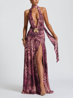 Aurohaya Elegant V-Neck Abstract Phalaenopsis Print Maxi Dress