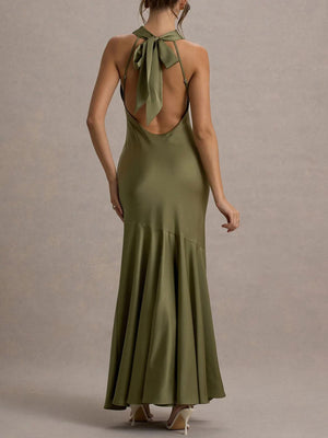 Aurohaya Elegant Satin Cowl Neck Sleeveless Mermaid Maxi Dress