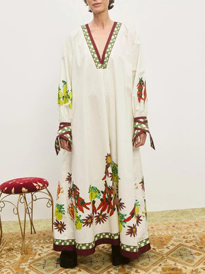 Aurohaya Unique Floral Print V-Neck Cuff Buttons Loose Maxi Dress Beige