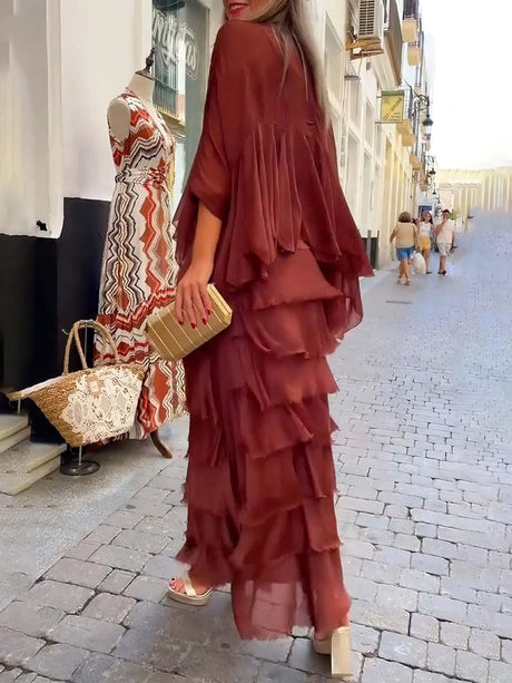 Aurohaya Elegant Layered Asymmetrical Ruffled Cape Maxi Dress